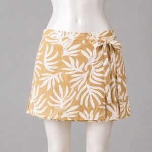 A New Day Tan White Leaf Print Wrap Mini Skort Size L Cotton Rayon Blend Boho